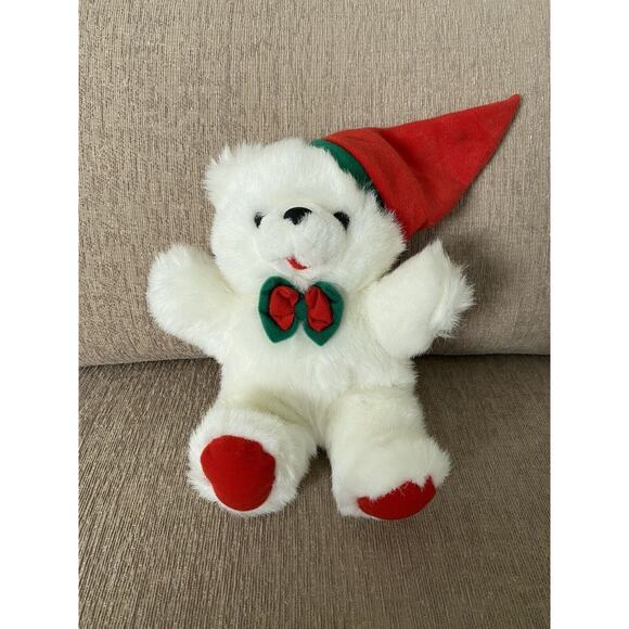 Sasco Inc White Christmas Teddy Bear Santa Hat Bow Tie Plush Stuffed Animal 9" - Picture 1 of 4